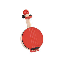 Red toy banjo with a white background