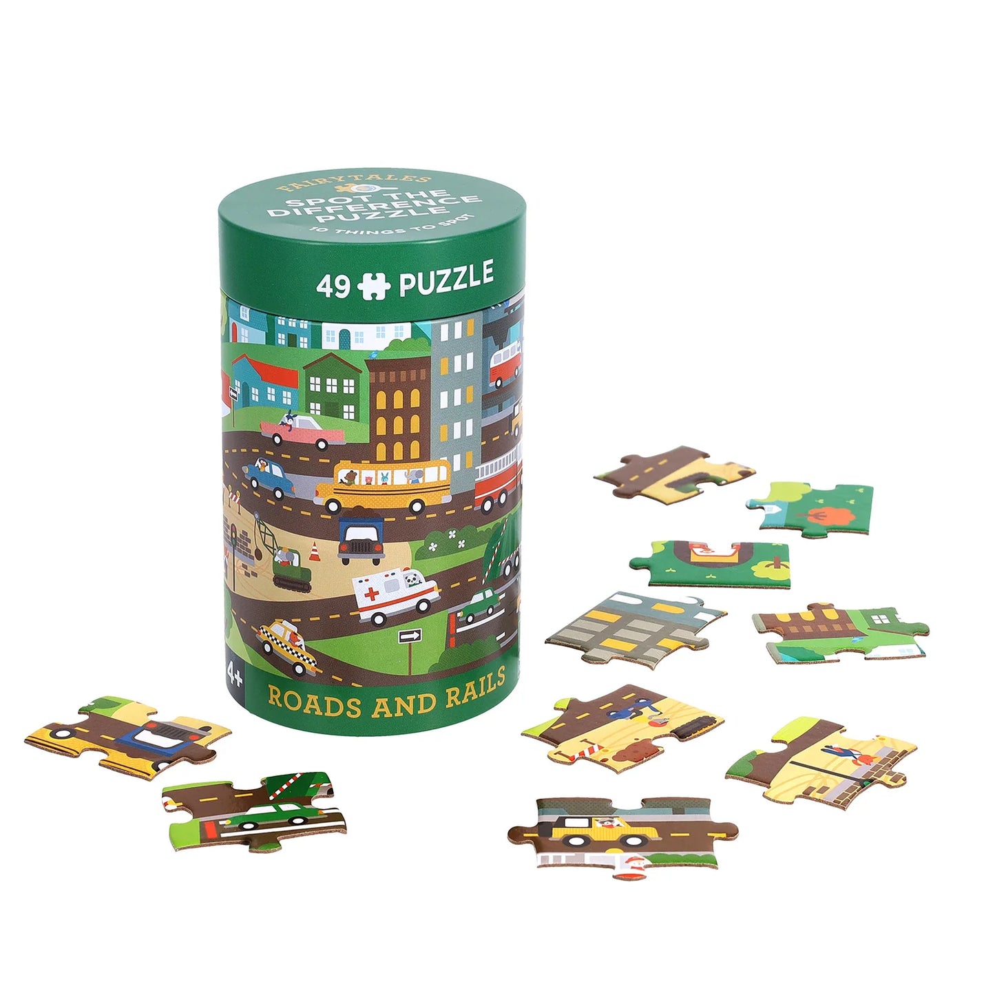 Puzzle set with cylindrical packaging labeled 'Roads and Rails' on a white background
