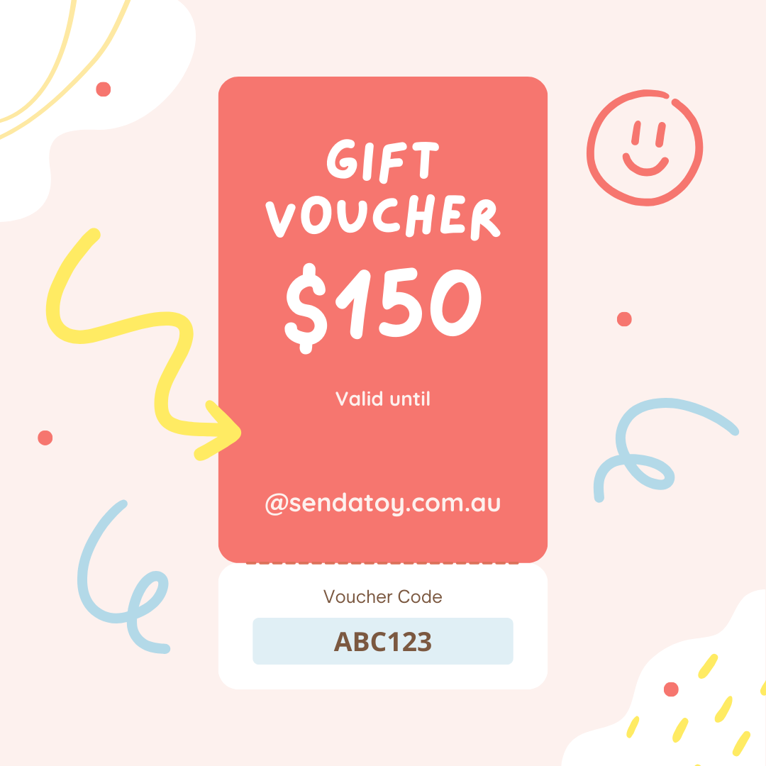 Gift voucher for $150 with a URL and code on a colorful background