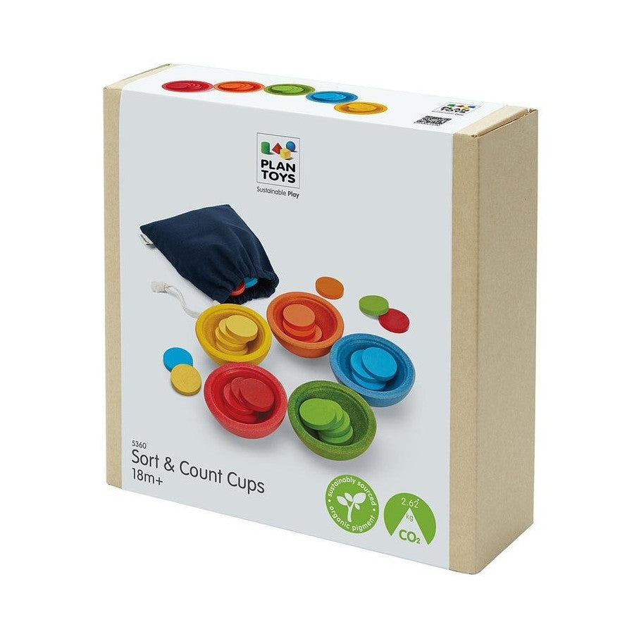 Box of Plan Toys Sort & Count Cups on a white background