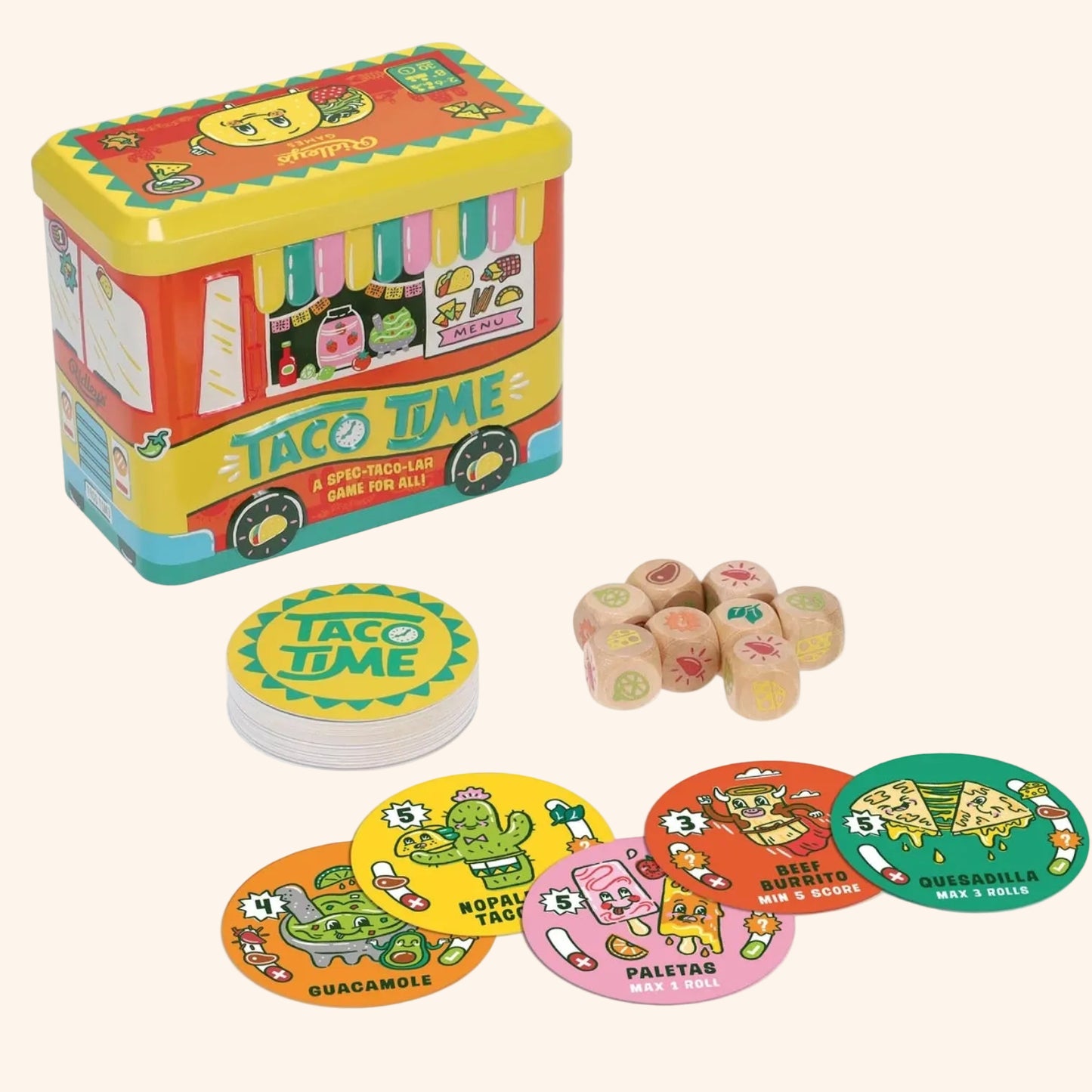Colorful 'Taco Time' game set with toy truck and game pieces on a white background