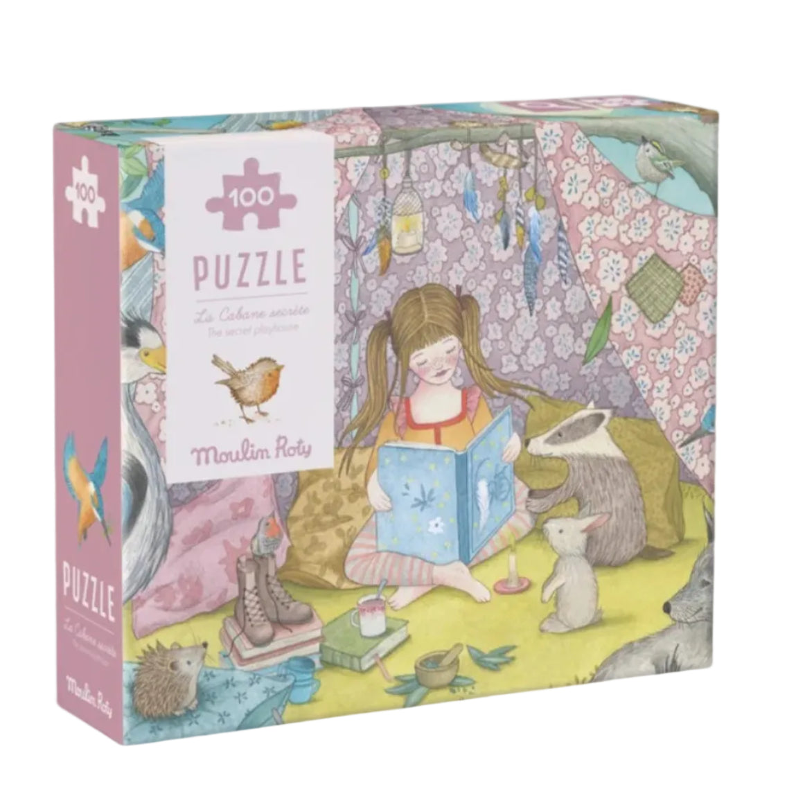Puzzle box with a colorful illustration of a girl reading a book to animals on a white background