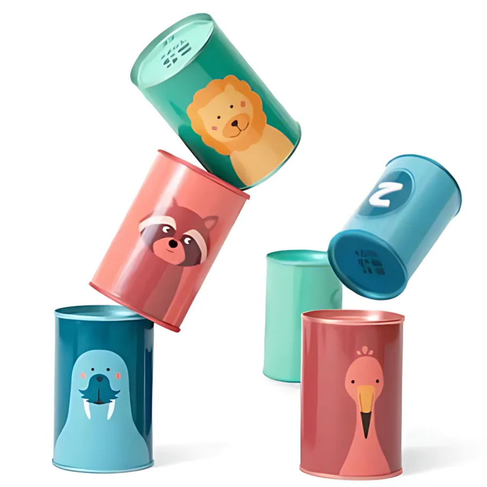Set of colorful children's throwing tins with animal illustrations on a white background