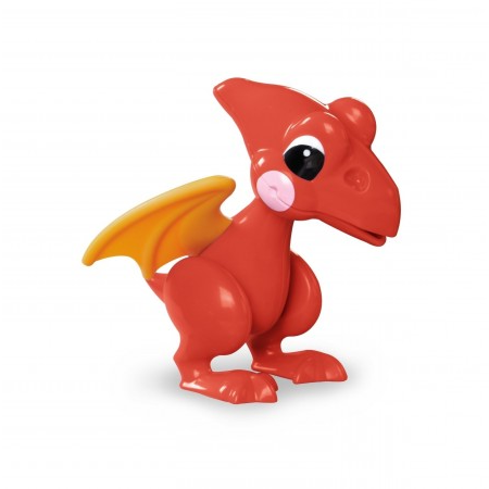 Child's red plastic pterodactyl figure with yellow wings and large black and white eyes.