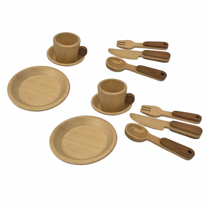 Natural wooden breakfast utensils playset including cups, plates and cutlery, on a white background.