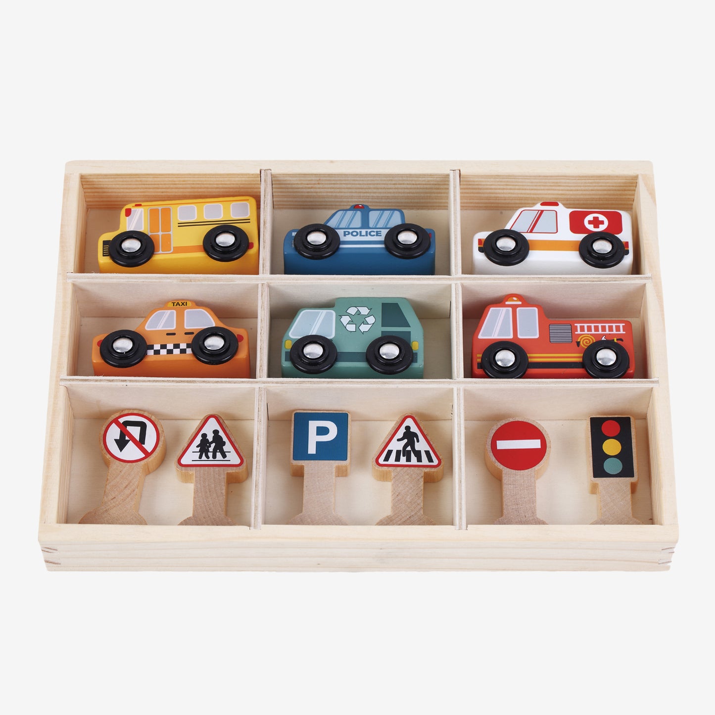 A wooden toy vehicle set displayed in a wooden tray with compartments, containing various colorful toy cars and road signs.