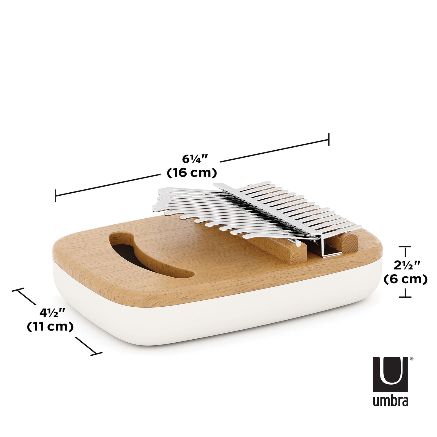 A white and natural wood kalimba musical instrument with metal note bars, on a white background with the product measurements displayed