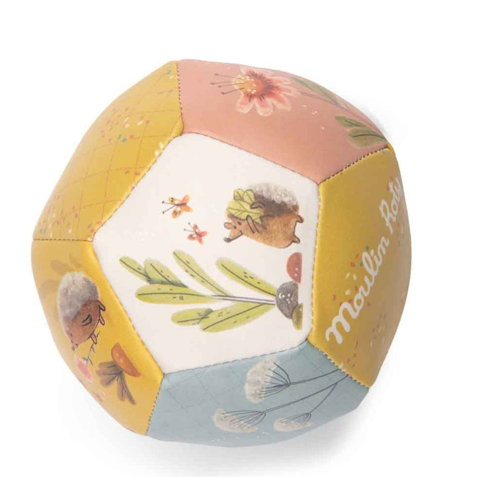 Moulin Roty brand Trois Petits Lapins soft infant ball with sweet animal and flower illustrations - Send A Toy