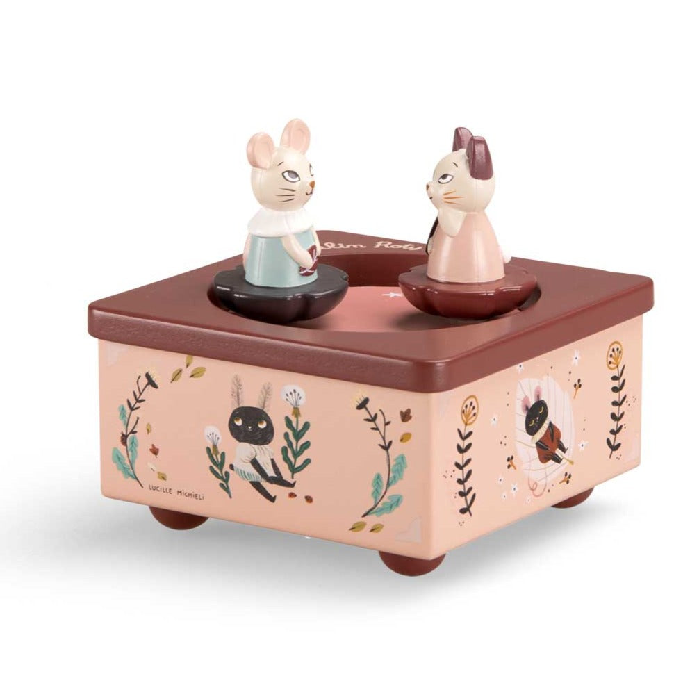 Nude pink and maroon wooden squre musical box with dancing resin mouse and kitten figures - Moulin Roty - Send A Toy