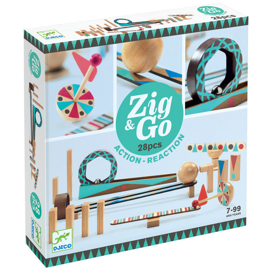 Zig and Go Action Reaction Set - 28 pcs Djeco Marble Runs | Ball Tracks