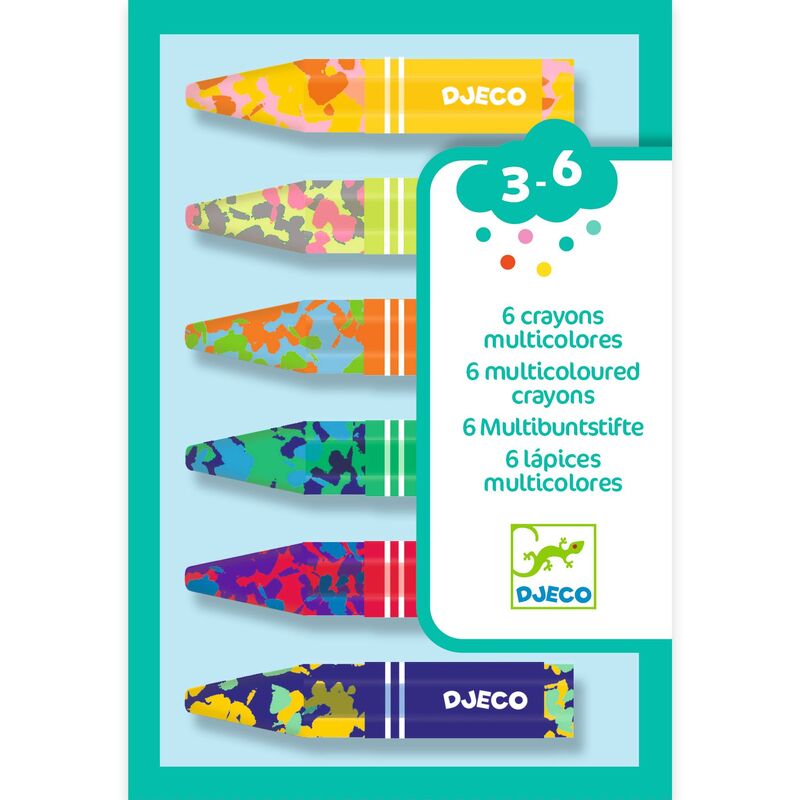 A box of Djeco multi-coloured crayon set with six crayons visible through the open box lid, each crayon featuring a different combination of colors.