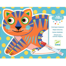 A colorful illustration of a cat with a water pen designed for young children to engage in coloring activities.