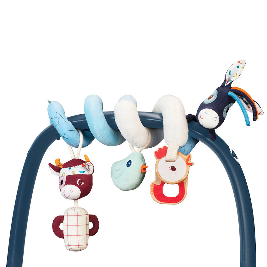 Blue and white donkey fabic pram activity spiral with wooden chicken teether , green bird squeaker and cow hanging toy - Lilliputiens Toys at Send  A Toy