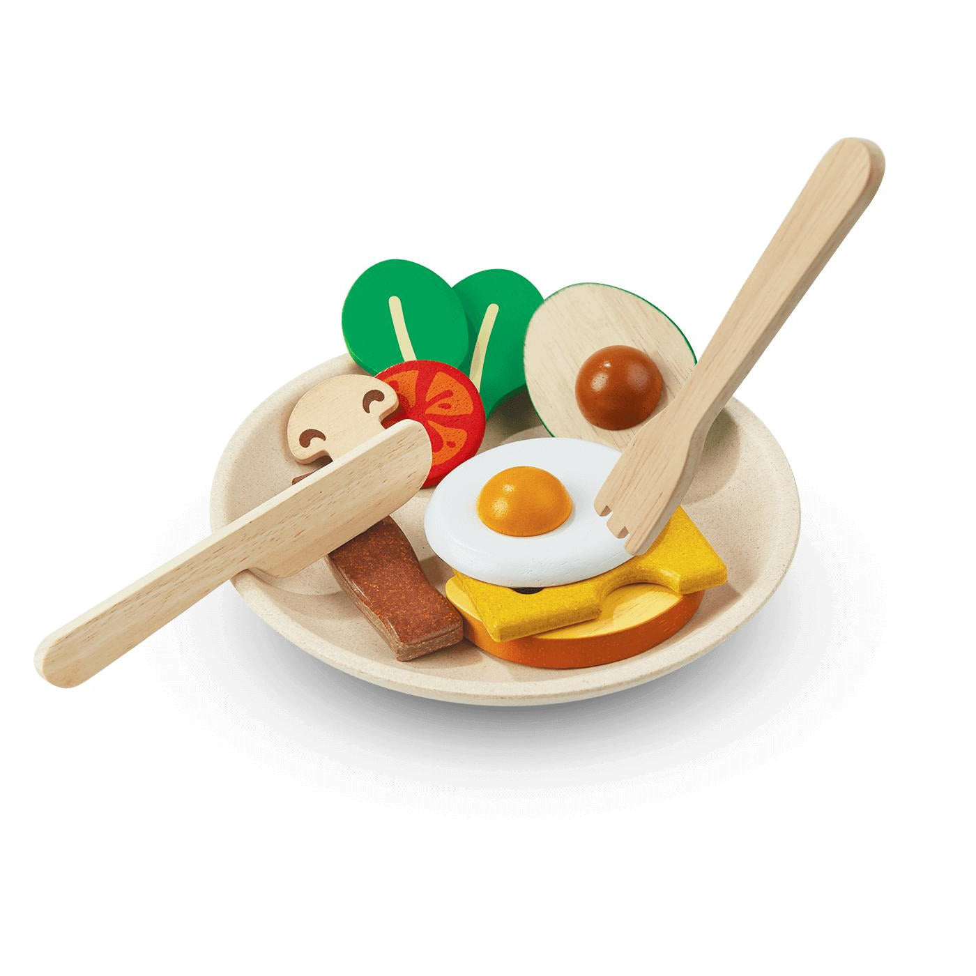 Wooden playfood on plate with cutlery, egg, bacon, spinach, toast. Vendor Plan Toys - Send A Toy