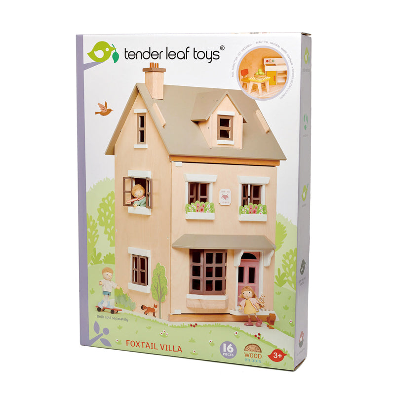 Retail box with a picture of a wooden doll house and the words Tender Leaf Toys and Foxtail Villa printed