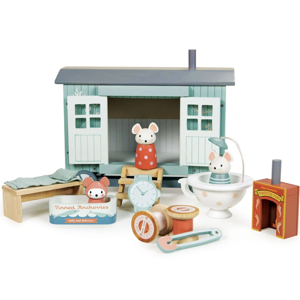Adorable blue wooden 'Shepherds Hut' pull-along caravan toy with 3 mice and wooden furniture - Tender-Leaf Toys