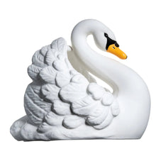 Pretty white natural rubber swan shaped bath toy with painted yellow beak