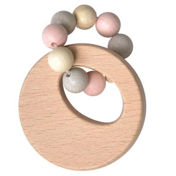 Natural Round wooden baby teether rattle with light pink and grey beads - Egmont - Send A Toy
