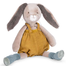 Trois Petits Lapins Ochre Rabbit soft toy with long fluffy ears, wearing ochre colour overalls and light blue socks - Moulin Roty toys retailed at Send A Toy