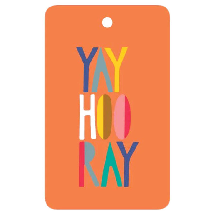 A gift tag with the text 'YAY HOORAY!' in a colorful, bold font, attached to a natural hemp cord.