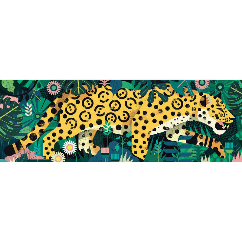 A 1000-piece Djeco puzzle with a leopard print design on a yellow background.