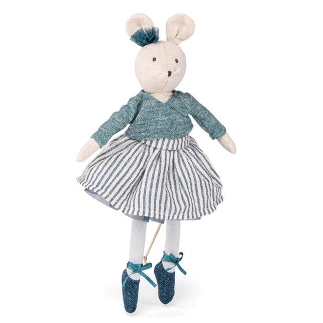 Moulin Roty mouse doll Charlotte, blue stripe skirt, blue jumper, sparkling blue tulle underskirt - Moulin Roty toys at Send A Toy