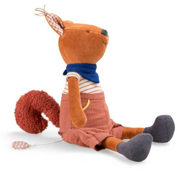 Brown Musical squirrel toy with white and brown stripe t-shirt and blue neck scarfe - Moulin Roty Toys - Send A Toy