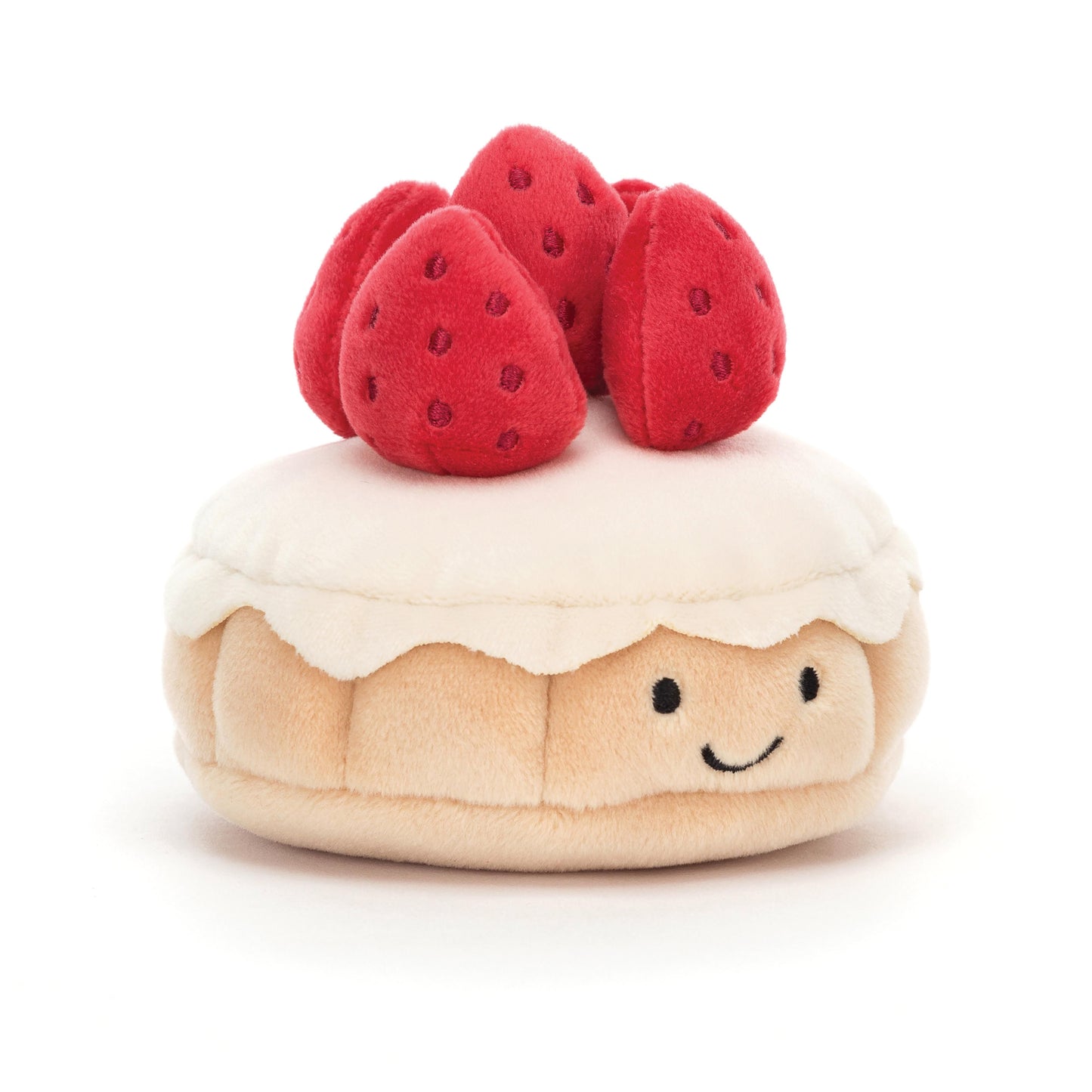 Jellycat Pretty Patisserie Tarte Aux Fraises - strawberry tart soft toy with cream base and 5 red strawberries on top