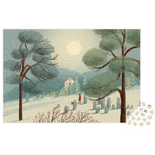 Almost completed puzzle depicting a girl in a red coat walking through a winter forest scene, on a white background.