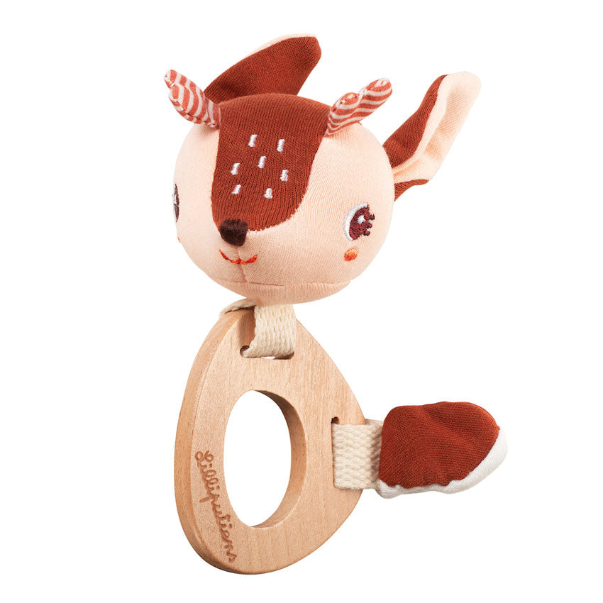 Brown fawn soft toy rattle attached to wooden teething ring - Lilliputiens at Send A Toy