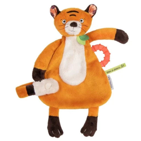 Tiho the Tiger Comforter by Moulin Roty with orange silicone teether and green leaf details - at Send A Toy