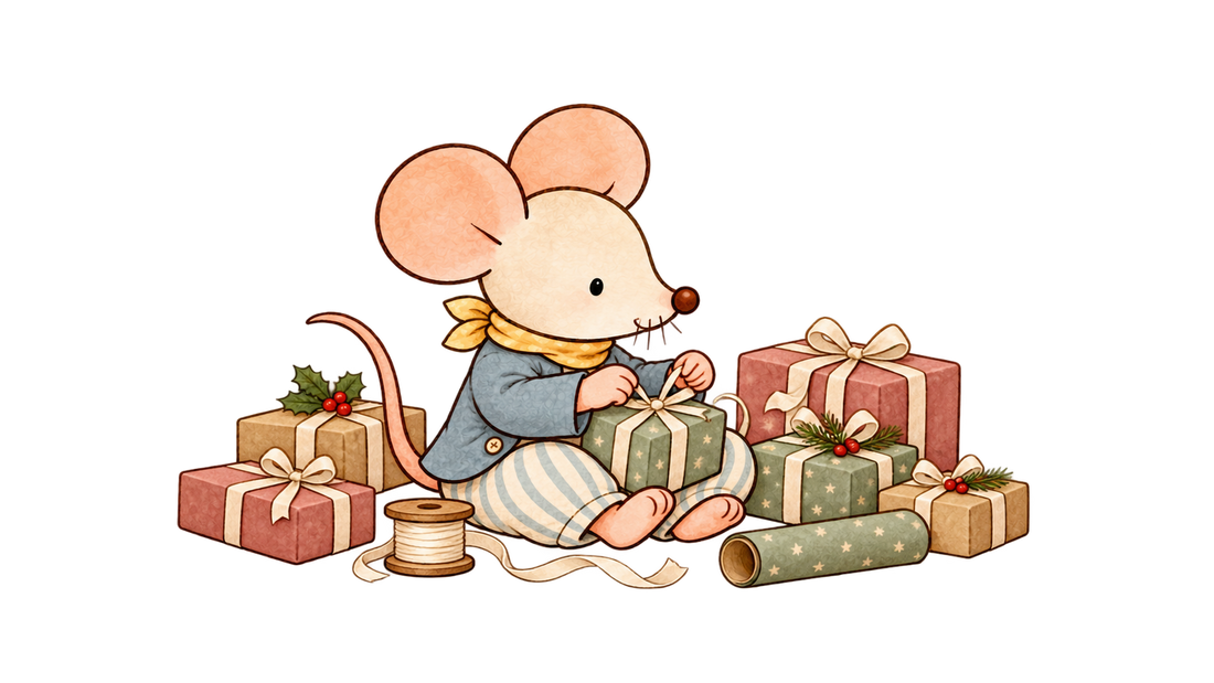 Send A Toy cartoon mouse mascot sitting on the floor wrapping Christmas parcels