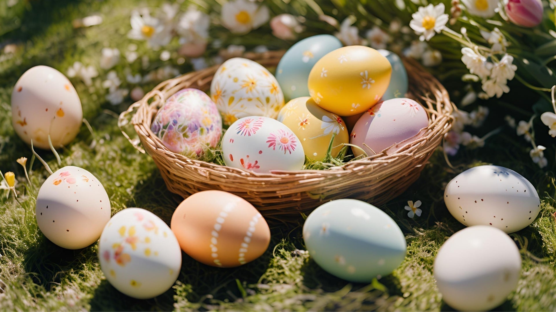 Natural rattan basket filled with painted real eggs, eggs scattered on grass around basket, spring flowers growing 