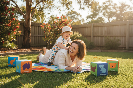 Parent and toddler child playing outdoors on the grass with Australian bottle brush and gum trees in the background.