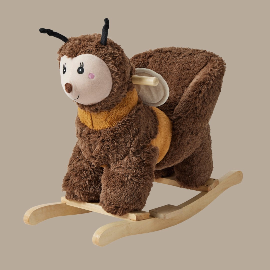 Brown bedd ride-on toys with yellow stripes and wooden rocking bow - Ride-On Toys at Send A Toy