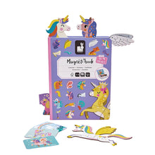 Purple magnetic book with unicorn-themed magnets on a pink background