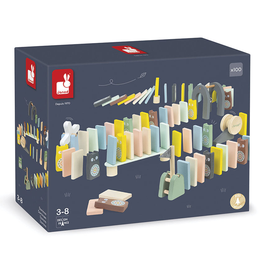 Box of a toy set with colorful pieces on a white background