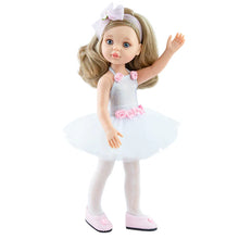 Doll in a white ballet outfit with pink accents on a white background