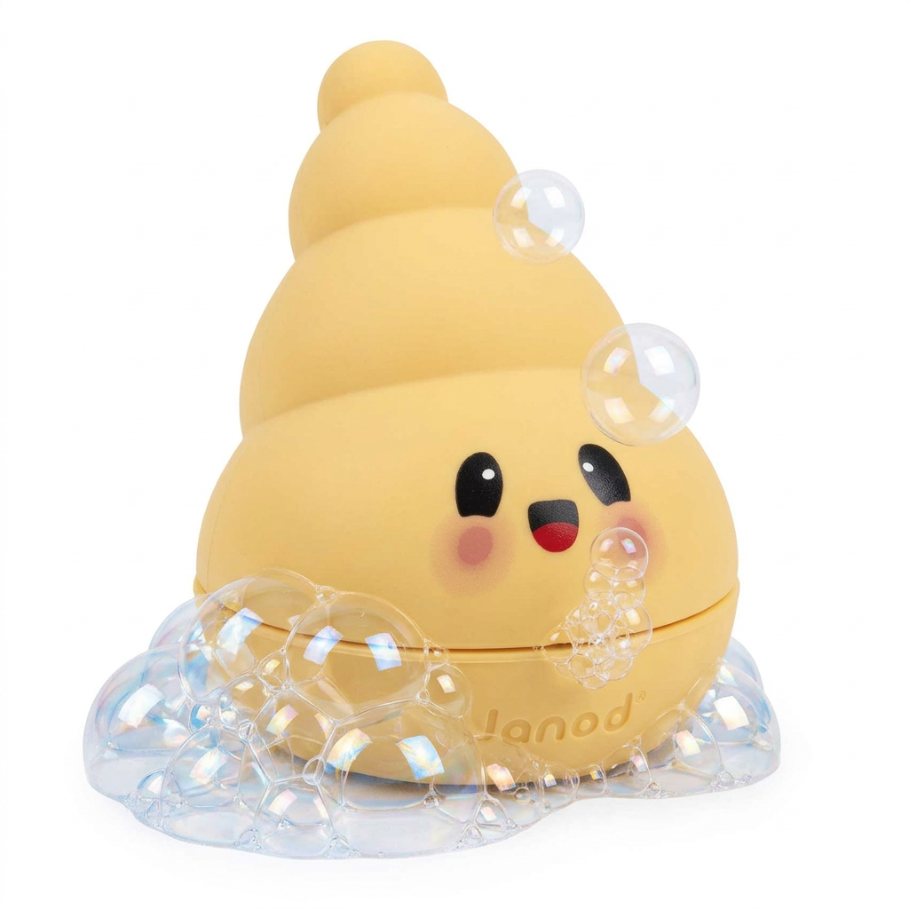 A yellow shell shaped  container with a cute cartoon face and the brand name 'Janod' embossed on the front, set against a plain white background.