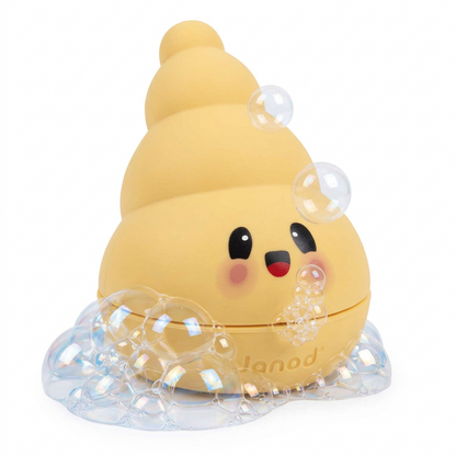 A yellow shell shaped  container with a cute cartoon face and the brand name 'Janod' embossed on the front, set against a plain white background.