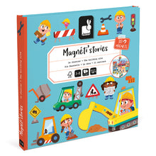 A colorful book titled 'Magneti Stories' with a construction site theme, featuring various cartoon characters and vehicles such as a cement mixer and a bulldozer.
