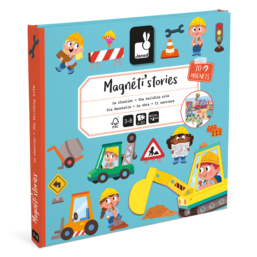 A colorful book titled 'Magneti Stories' with a construction site theme, featuring various cartoon characters and vehicles such as a cement mixer and a bulldozer.