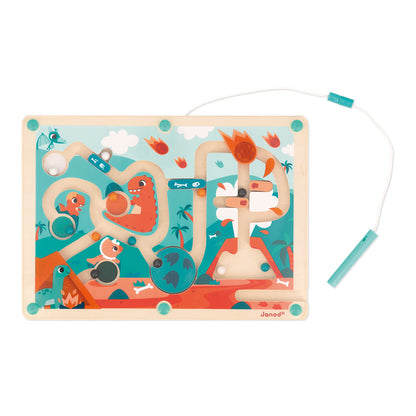 Janod Dino Magnetic Maze wooden board with turquoise magnetic stylus, viewed from above