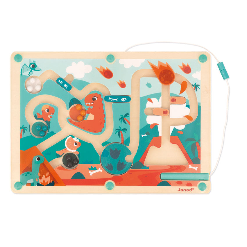 anod Dino Magnetic Maze with beads sorted into the dinosaurs and stylus in its storage slot