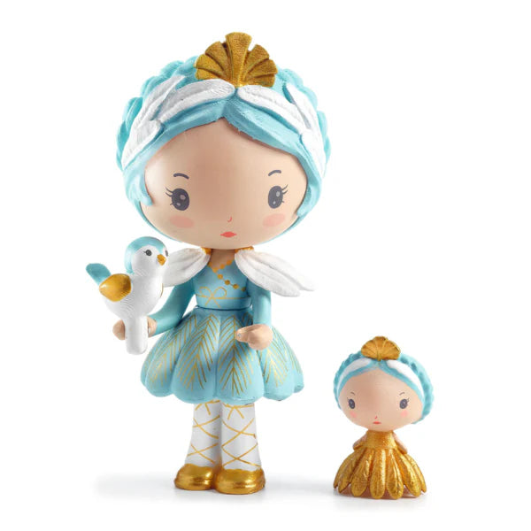 Two figurines with blue and gold attire on a white background