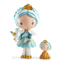 Two figurines with blue and gold attire on a white background