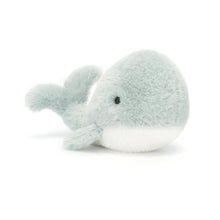 A plush grey whale toy with a soft texture, designed with a perky split tail and flappy side fins.