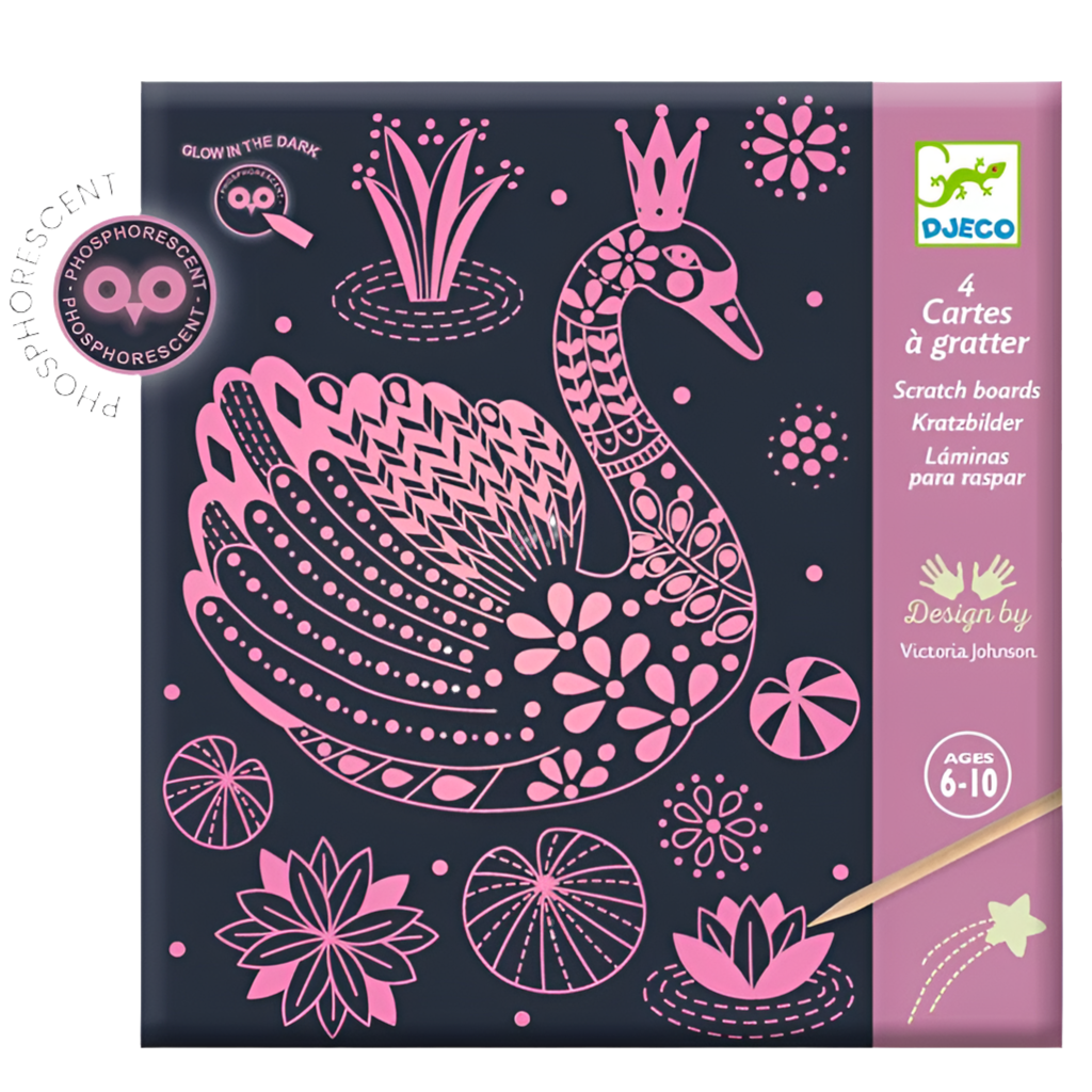 A packaged scratch card game with a pink swan design, labeled as glow-in-the-dark and suitable for ages 6-10.