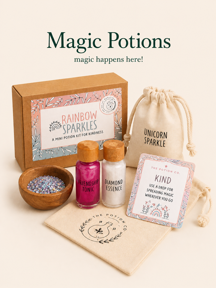 Magic potions kit with bottles, a bowl, and a pouch on a light background