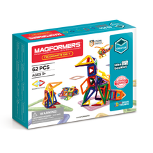 Packaging for a 62-piece Magformers designer set with images of colorful construction toys and a booklet on the cover.